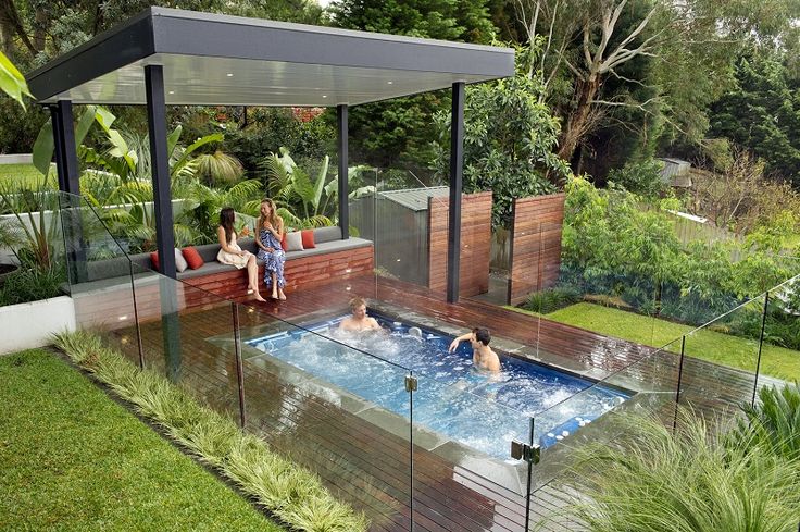 a small plunge pool and a deck around plus a glass fence to keep the greenery and pool in order