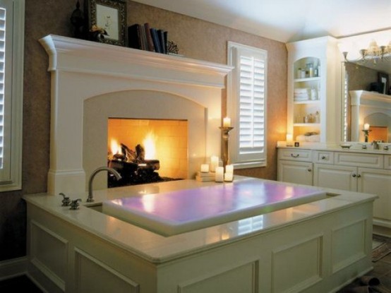 a white modern farmhouse bathroom with a bathtub placed in front of an open fireplace, with open storage shelves and a vanity with a mirror