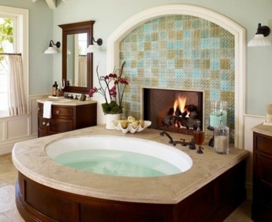 a vintage bathroom with a rustic feel, with stained furniture and a tub, with a built-in fireplace, potted plants and blooms