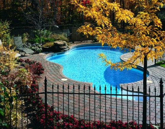 a whimsically shaped pool with a stone deck around, with greenery and bold blooms is a lovely idea for any backyard, looks catchy and cool