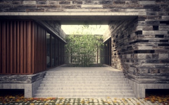 Stonework House Design With Bamboo Growing Inside