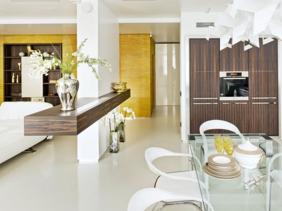 Striking Minimalist Space In White Yellow And Dark Wood