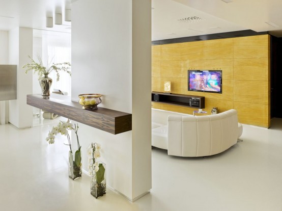 Striking Minimalist Space In White Yellow And Dark Wood