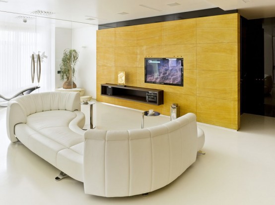 Striking Minimalist Space In White Yellow And Dark Wood