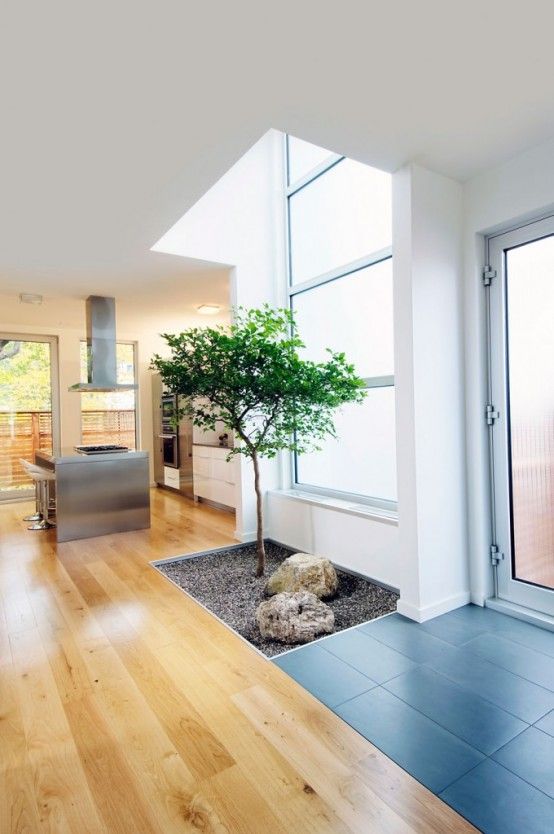 a mini courtyard indoors with pebbles, rocks and a small tree by the window is a cool and fresh idea