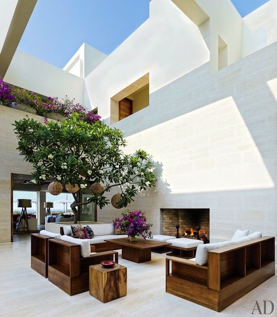 an indoor courtyard with a whole living room and some trees growing here is a cozy and private idea