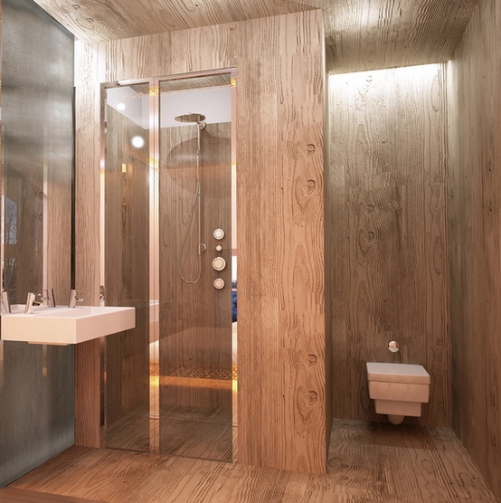 a contemporary bathroom fully clad with stained wood, with a shower enclosed in glass and wood, with a wall-mounted sink and a modern toilet