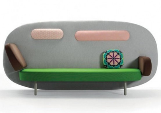 a unique oval sofa reminding of some food and desserts is a lovely and bright idea for a modern space, it will add a touch of fun