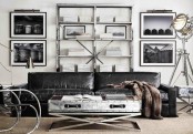 an industrial feel is added with proper furniture, a metal coffee table, a metal shelving unit, a floor lamp and chair