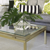 a gold frame coffee table with a glass top and a large clear glass with greenery