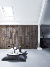 a weathered wood wall is a great way to soundproof the space a bit and adds texture and color
