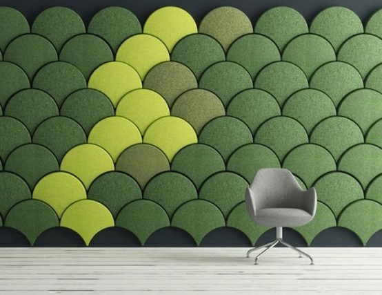 green and neon yellow acoustic fish scale panels make up a bold decor statemennt