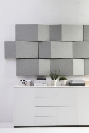 modern grey geometric acoustic panels add a chic touch to the space and make it soundproof