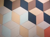 colorful geometric sound proofing panels will add a mid-century modern feel and color to the room