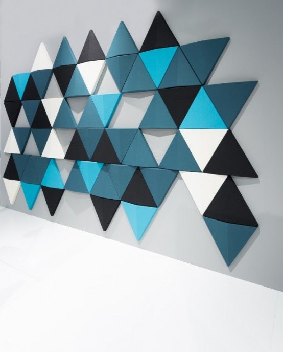 colorful triangle acoustic panels will soundproof the space and add eye-catchiness