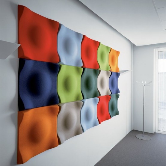 colorful and sculptural acoustic wall panels will make your space very eye-catchy