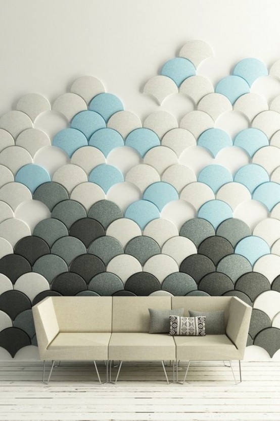 catchy neutral, grey and blue acoustic fish scale panels that makes up a whole wall art