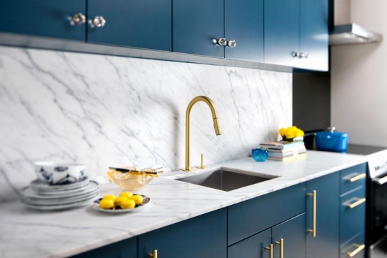 Stylish Blue And Gold Kitchen Design