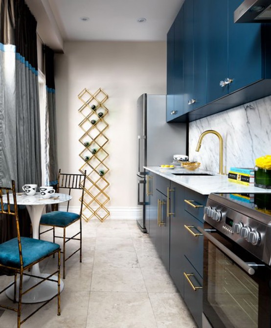 Stylish Blue And Gold Kitchen Design