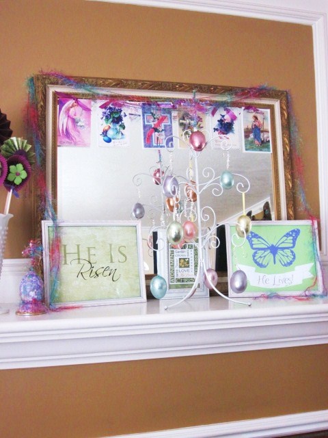 bright spring signs and a colorful Easter tree with eggs hanging
