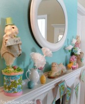 a colorful vintage Easter mantel with paper blooms, fake bunnies and eggs