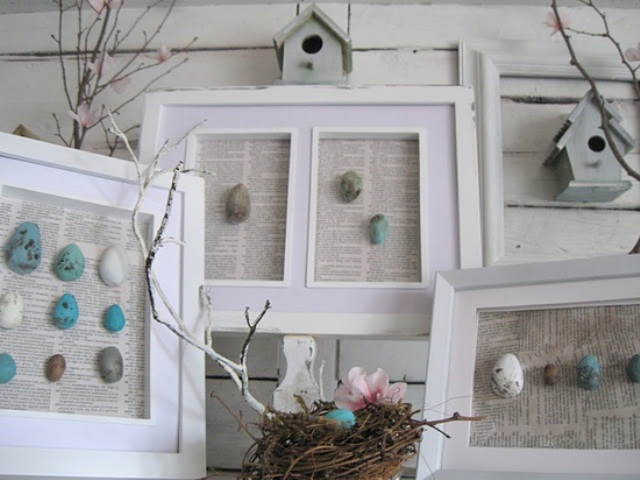 colorful faux egg artworks, a fake nest and branches for vintage styling of your mantel