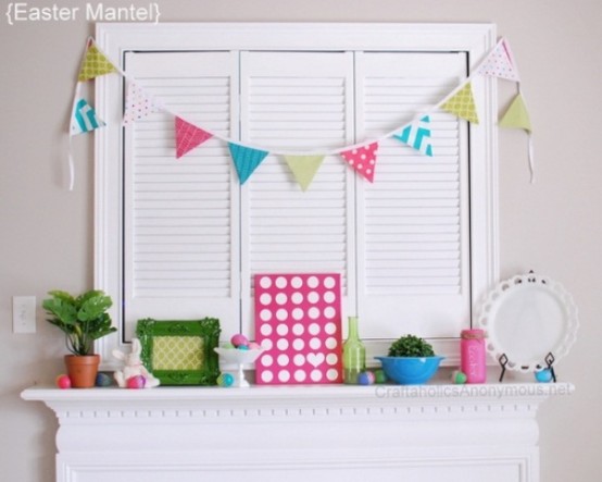 a colorful paper bunting, colorful faux eggs, bottles and jars
