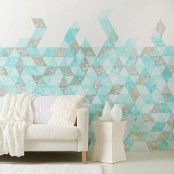 a beautiful grey, turquoise and white geo print accent wall will add color to the space and is an ideal thing for a coastal home