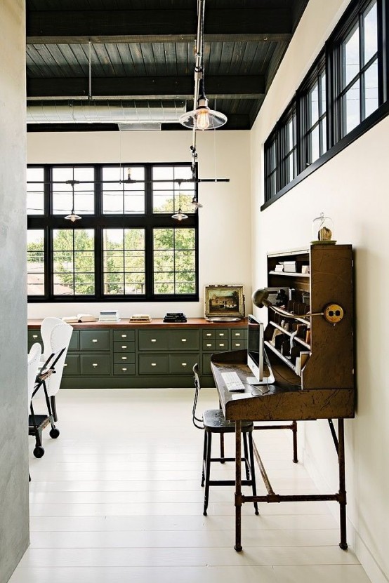 a beautiful vintage bureau of wood and metal pipes, with some storage and a stool that match gives incredible chic to the space and a vintage feel