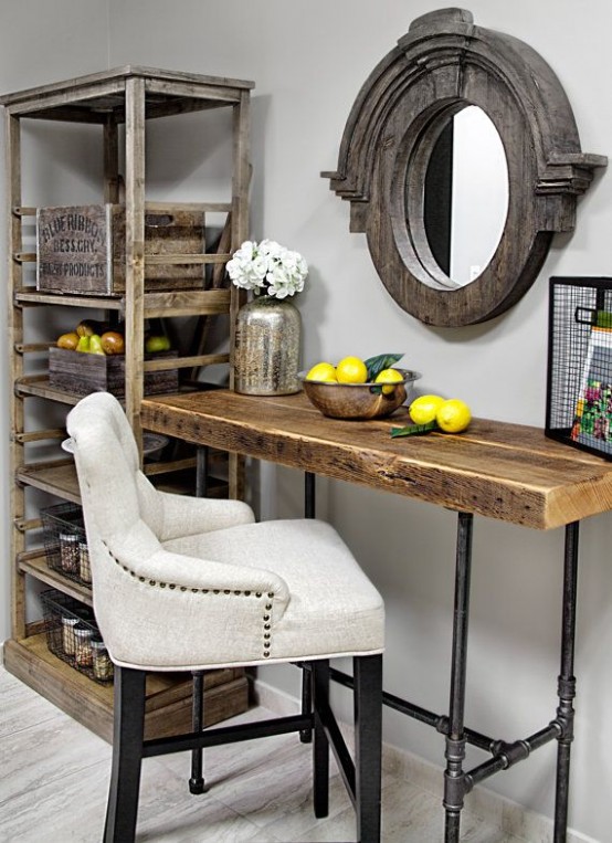 such a vintage desk of pipes and wood is a lovely desk, console or vanity and it may be rocked in any space with a rustic feel