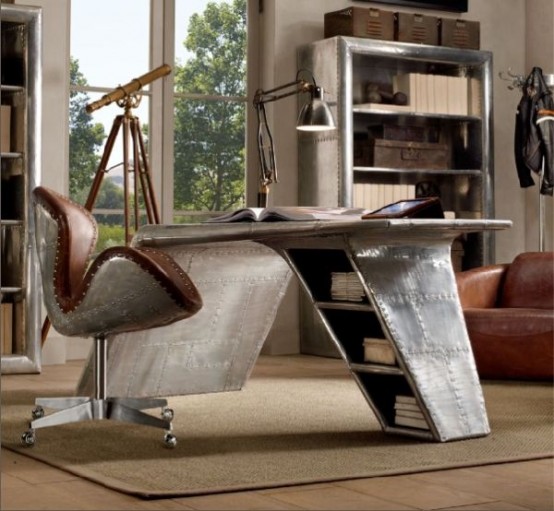 a gorgeous metal desk inspired by planes, with storage inside its legs and a matching chair with leather upholstery are cool and extremely stylish