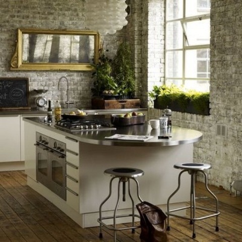 whitewashed brick walls make the kitchen less formal and add texture to the walls