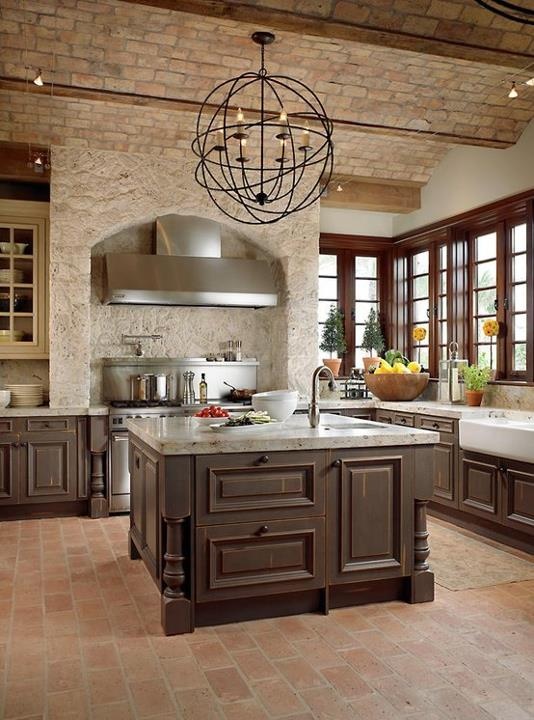 a red brick ceiling plus a stone cooker backsplash make up a cool combo for a vintage rustic kitchen