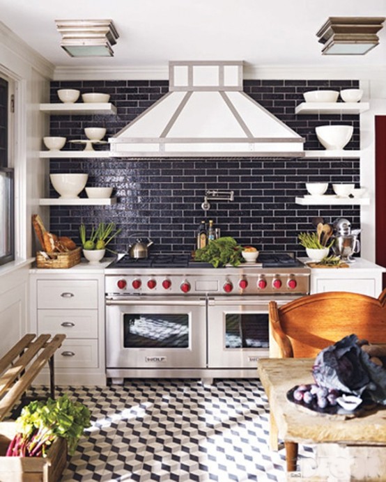 navy tiles with white grout that imitate bricks and contrast the white cabinets making them stand out