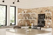 distressed and whitewashed brick walls and white kitchen furniture create a relaxed and distressed rustic feel