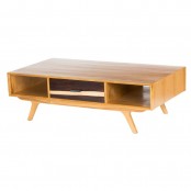 a light-stained small mid-century modern coffee table with open storage compartments and a small drawer is a cool idea