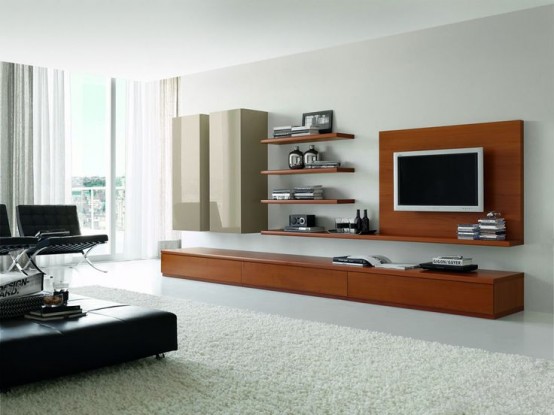 a rich-stained wooden TV unit, floating shelves and grey sleek wall-mounted storage units for a modern space