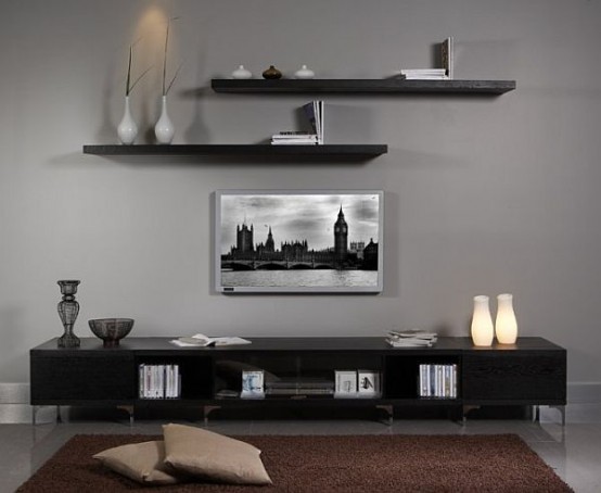 a modern black floor storage unit, floating shelves for a stylish and refined modern interior