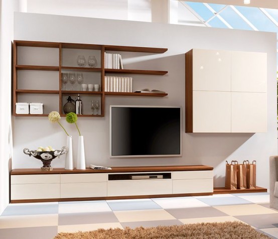 a rich-stained and white storage wall-mounted system with open and closed storage compartments and shelves is very cool