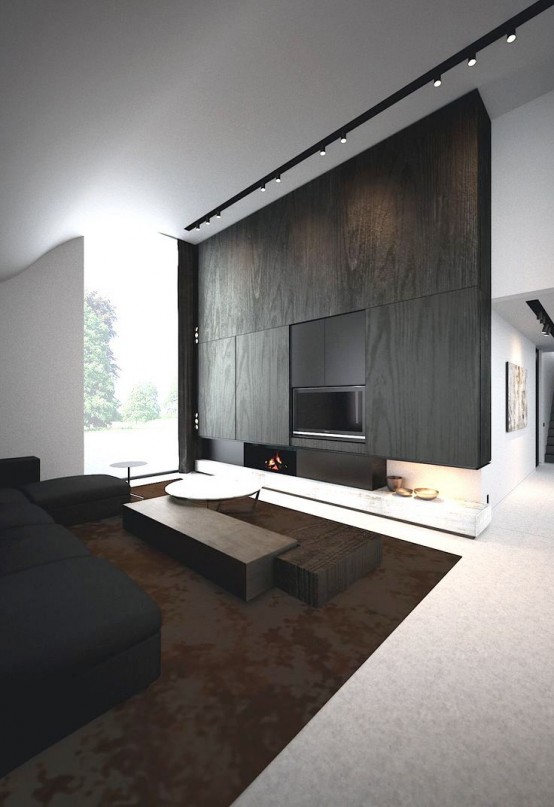a statement minimalist dark stained wooden storage unit cna hold a lot of stuff and features open storage units, too