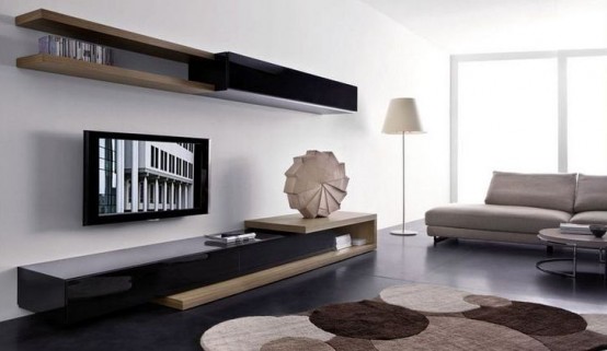 minimalist black and light-stained storage units - floating and floor ones looks very bold and laconic
