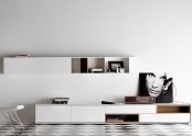 a modern and laconic white wall-mounted storage unit and a matching TV unit under it will give you enough storage space
