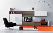 a minimalist light-stained and white storage system with open and closed compartments is a very elegant option