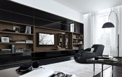 an oversized sleek black wall storage unit with some open stained parts and shelves is a great solution for a contemporary or minimalist space
