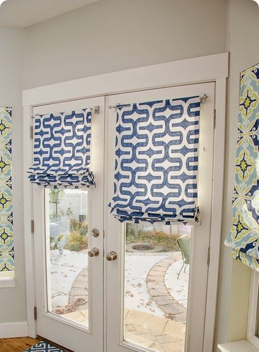 simple blue printed Roman shades hanging on the doors will make your home more private and you can easily DIY them