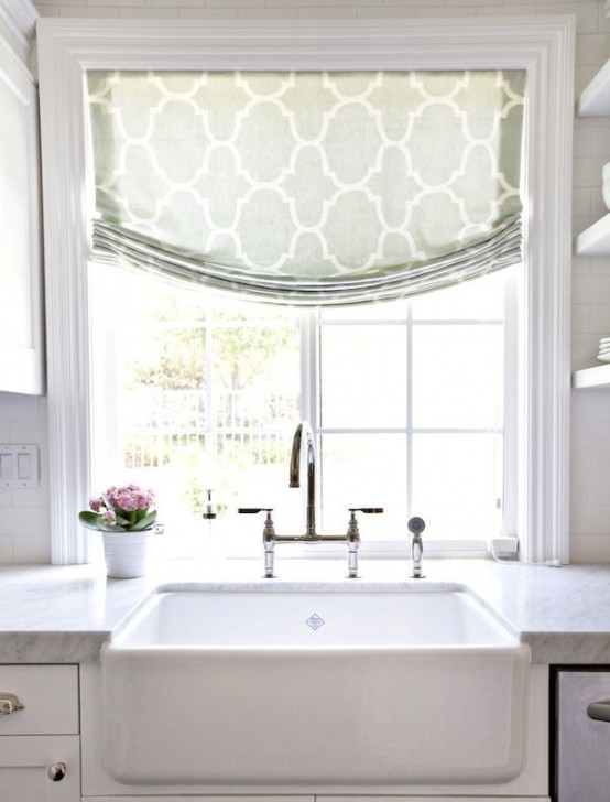 a lovely green printed Roman shade is a cool idea for a modern or vintage farmhouse kitchen or some other room