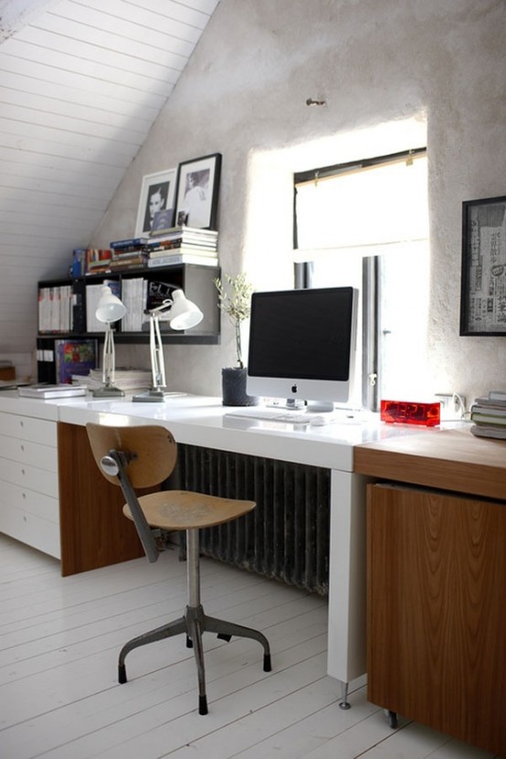 a Scandinavian home office in white, with a large storage desk, a plywood and metal chair, a stained storage unit, wall-mounted shelves