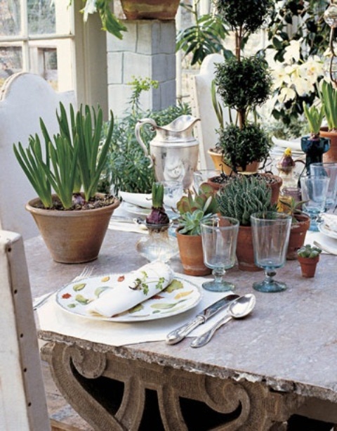 potted succulents, greenery topiaries and spring bulbs in planters for a spring centerpiece