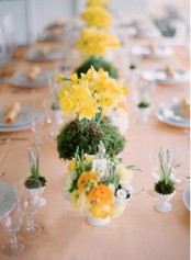 a bright spring centerpiece of yellow blooms, moss and bulbs