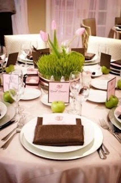 a bright spring place setting with a grass centerpiece, green apples and pink as the main color